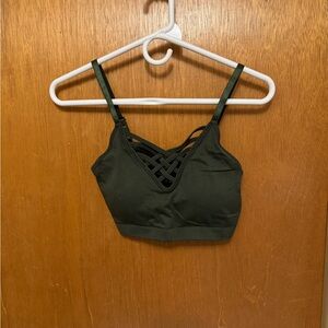 ZENANA ArmyGreen front V Lattice Sports Bra S/M Wireless Adjustable Strap NWOT